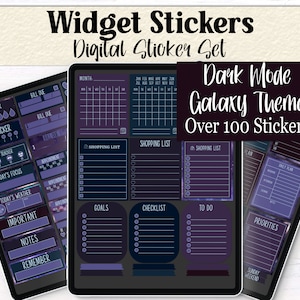 Może przedstawiać: Zestaw naklejek cyfrowych z ponad 100 naklejkami w ciemnym temacie galaktyki. Naklejki obejmują kalendarz, listy zakupów, listy rzeczy do zrobienia, śledzenie nawyków i wiele więcej.