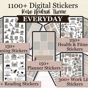 May include: A digital sticker set with a boho neutral theme. The set includes 1100+ stickers for everyday use, including cleaning, planning, reading, health and fitness, and work life. The stickers are in a neutral color palette with black outlines.