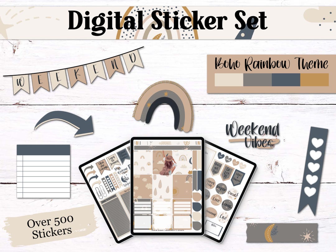 Boho Rainbow Planner Stickers: Neutral Beige & Navy Digital Journal Kit ...