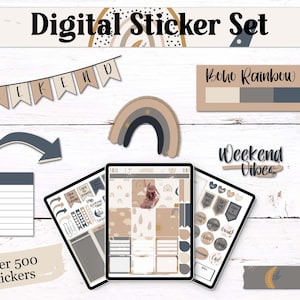 Boho regenboog plannerstickers: neutraal beige en marineblauw digitaal dagboek (500+ png)