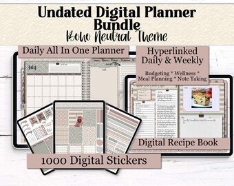Boho Digital Planner Bundle: Undated Budget, Meal & Self-Care (PNGs Included)