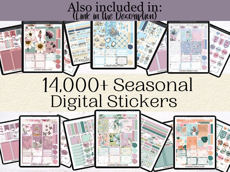Promotional image showing that these 1,200 stickers are part of the larger 14,000+ Seasonal Mega Sticker Bundle. Highlights wide variety of seasonal designs.