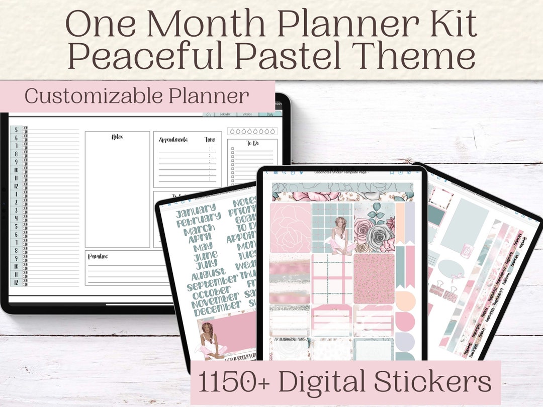 Monthly Digital Planner Kit With Digital Stickers Peaceful Pastel