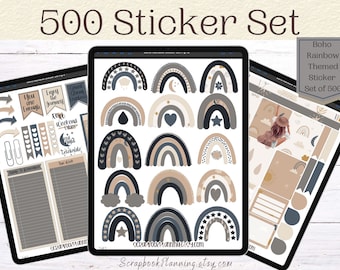 500 Digital Sticker Set | Boho Rainbow Blue and Tan Theme Planner Stickers | 500 ipad Stickers | GoodNotes | Scrapbook Stickers | Functional