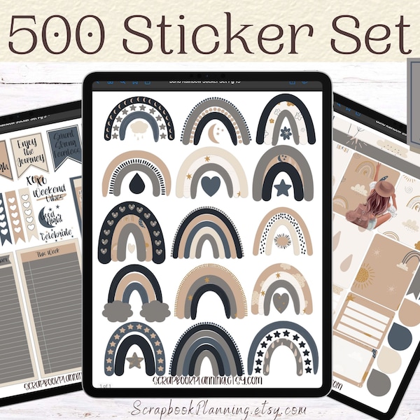 500 Digital Sticker Set | Boho Rainbow Blue and Tan Theme Planner Stickers | 500 ipad Stickers | GoodNotes | Scrapbook Stickers | Functional