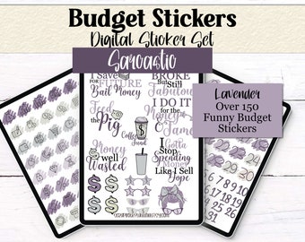 May include: Digital sticker set with a lavender theme. The set includes over 150 funny budget stickers with phrases like "Bail Money" and "Feed the Pig." The stickers are displayed on a digital tablet.