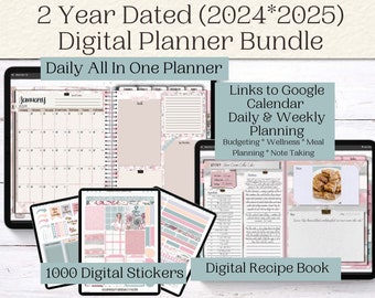 2 Year Dated Digital Planner Bundle | 2024 2025 | Goodnotes Element Stickers | Peaceful Pastel Theme | Google Calendar Links | iPad Planner