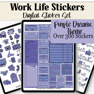 Könnte beinhalten: Ein digitaler Sticker-Set mit über 300 Stickern in einem lila und blauen Farbschema. Die Sticker zeigen verschiedene arbeitsbezogene Symbole und Sätze, wie "Zoom-Meeting", "To Do" und "Arbeitsreise".