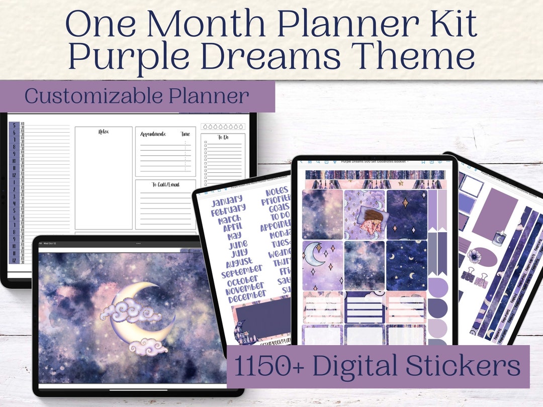 Monthly Digital Planner Kit With Digital Stickers Purple Dreams Themed