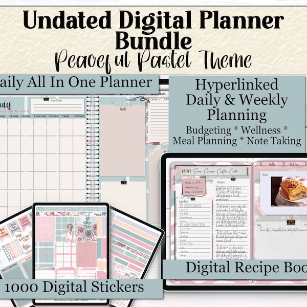 Peaceful Pastel Undated Digital Planner Bundle | Self Care Planner | Budget Planner | Menu Planner | Digital Stickers | GoodNotes