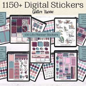 May include: A set of digital stickers with a glitter theme. The stickers are in various colors, including pink, purple, blue, and green. The stickers are organized into different categories, including self-care, budget, meal planning, and life planning. The text "1150+ Digital Stickers" is at the top of the image. The text "Glitter Theme" is below the first text. The text "150 Life Planner Stickers" is in the center of the image.