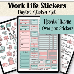 Könnte beinhalten: Ein digitales Sticker-Set mit über 300 Stickern zum Thema Herzen. Die Sticker sind in den Farben Pink und Blau gehalten und beinhalten verschiedene arbeitsbezogene Symbole und Texte.