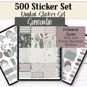 Op de afbeelding: Een digitale stickerset met meer dan 500 grappige en sarcastische stickers met een botanisch thema. De stickers zijn in tinten groen, roze en grijs en bevatten verschillende illustraties, zoals bladeren, bloemen en wolken.
