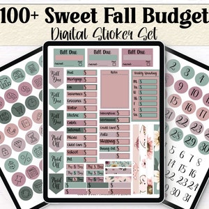 Fall-themed digital budgeting stickers in green, pink, and beige. Includes calendar icons, bill due labels, house, car, and phone icons, and text like “Paid Off.” Made for digital planner use.