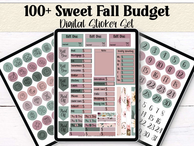 Fall-themed digital budgeting stickers in green, pink, and beige. Includes calendar icons, bill due labels, house, car, and phone icons, and text like “Paid Off.” Made for digital planner use.