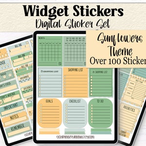 May include: A digital sticker set with over 100 sunflower-themed stickers for use in a digital planner. The stickers include a monthly calendar, shopping lists, daily plans, and other organizational tools. The stickers are in a yellow, green, and white color scheme.