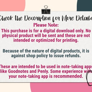 May include: A digital download notice on a cream-colored paper, held by a black binder clip, against a backdrop of pink and teal shapes. Text includes "Check the Description for More Details" and other important notes.
