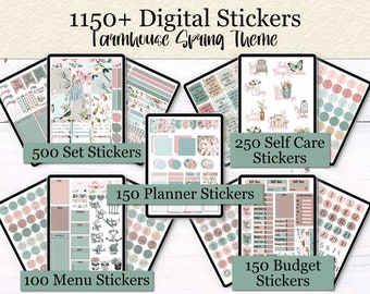 Digital Sticker Pack | Farmhouse Spring Theme | Functional | Budget | Meal | Wellness | Washi Tape | Words | Daily Affirmation | Planner PNG