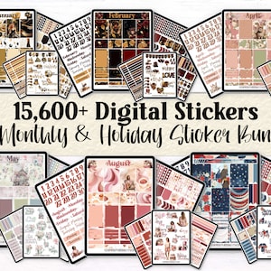 May include: A digital sticker bundle with over 15,600 stickers for monthly and holiday planning. The stickers feature various designs, including floral patterns, geometric shapes, and illustrations. The bundle includes stickers for each month of the year, as well as stickers for holidays like Valentine's Day, Independence Day, and Christmas.