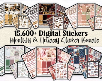 May include: A digital sticker bundle featuring over 15,600 stickers for monthly and holiday planning. The stickers showcase a variety of designs, including floral patterns, geometric shapes, and illustrations. The bundle includes stickers for each month of the year, as well as stickers for holidays such as Valentine's Day, Independence Day, and Christmas.