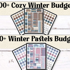 Digital budget sticker pages for winter themes. Includes “Roll Over,” “Paid Off,” and calendar layouts in Cozy Winter and Winter Pastels color palettes.