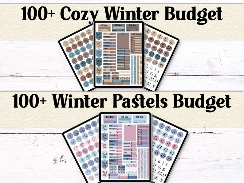 Digital budget sticker pages for winter themes. Includes “Roll Over,” “Paid Off,” and calendar layouts in Cozy Winter and Winter Pastels color palettes.