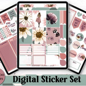 Op de afbeelding: Digitale sticker set weergegeven op drie tablets. De stickers hebben bloemen- en botanische ontwerpen in roze, groen en wit. Tekst bevat zinnen als "Je bent genoeg" en "Fijne dag". De set bevat meer dan 500 stickers.