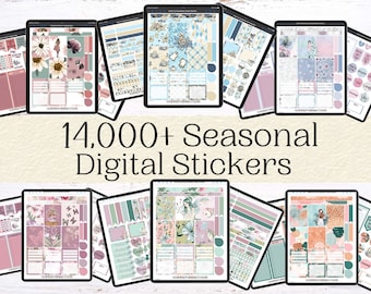 May include: A collection of digital stickers for planners and journals. The stickers feature a variety of seasonal themes, including floral, winter, and summer designs. The text "14,000+ Seasonal Digital Stickers" is displayed in the centre of the image.