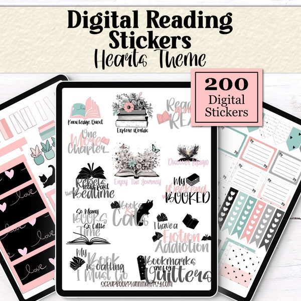Digital Stickers for Reading Planner | Book Worm | Book Sticker | Book Lovers | Bookish Stickers | Goodnotes Elements | Hearts Theme