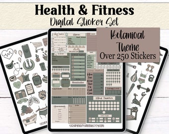 Health and Fitness Stickers | Botanical Theme | Digital Planner Stickers | Goodnotes Elements | Yoga | Exercise | Diet | Widgets | Icons