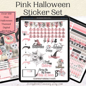 Pink Halloween Digital Sticker Set | October Digital Planner Stickers | ipad Stickers | Stickers For Goodnotes | Pink and Grey Stickers