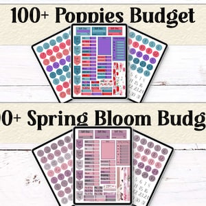 Budgeting sticker sets with floral themes including Poppies and Spring Bloom. Includes calendars, spending trackers, and icons for notes and payments.