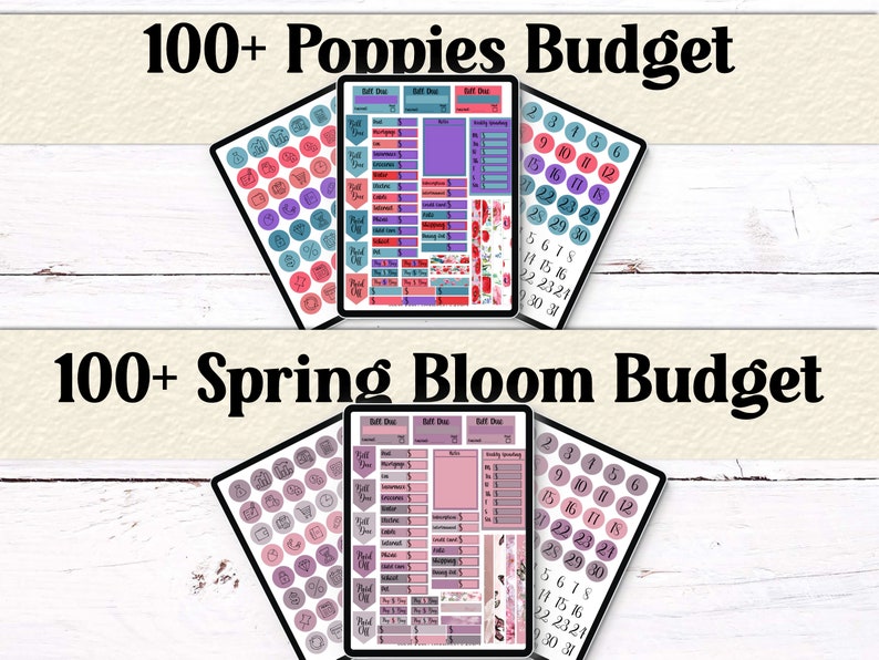 Budgeting sticker sets with floral themes including Poppies and Spring Bloom. Includes calendars, spending trackers, and icons for notes and payments.