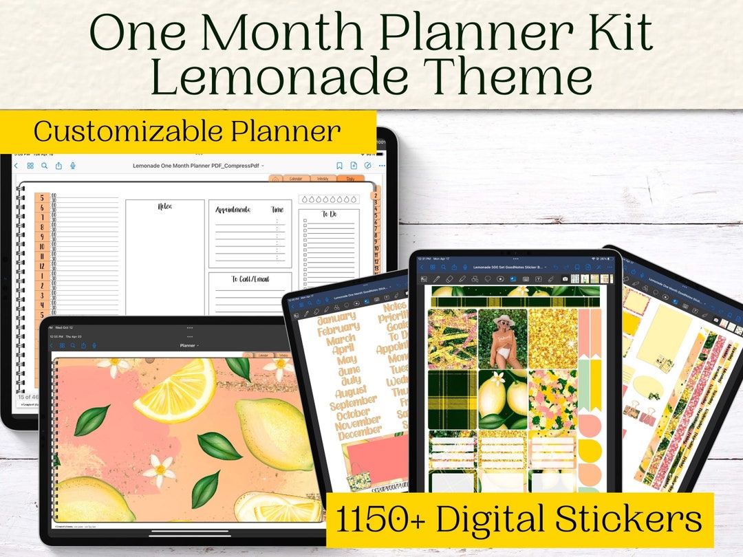 Monthly Digital Planner Kit With Digital Stickers Lemonade Themed
