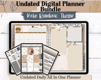 Boho Rainbow Digital Planner Bundle | Undated All-in-One Planner | 1000 Stickers, Recipe Book & Self Care Templates | Goodnotes
