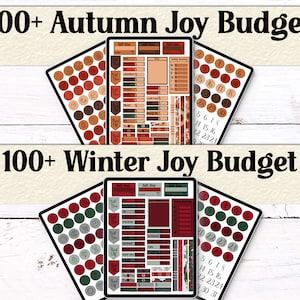 Autumn Joy and Winter Joy digital planner stickers. Features seasonal color schemes with numbers, icons, and budget tracking labels for digital planning.