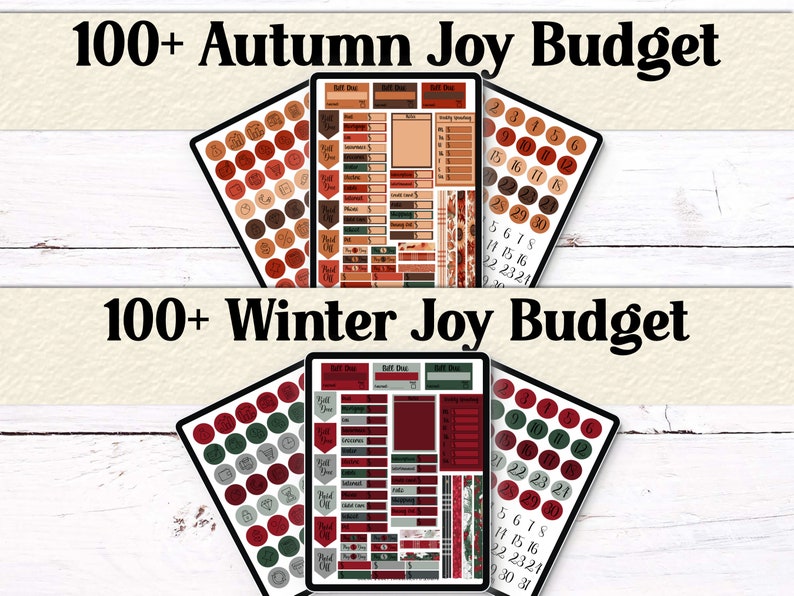 Autumn Joy and Winter Joy digital planner stickers. Features seasonal color schemes with numbers, icons, and budget tracking labels for digital planning.