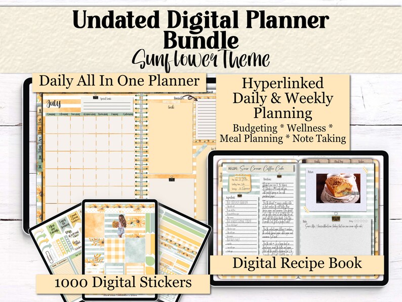 Sunflower Digital Planner Bundle | Undated Hyperlinked Planner ...