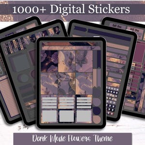 Más de 1000 pegatinas digitales de flores en modo oscuro para Goodnotes, planificadores florales, menús, elementos de presupuesto, cuidado personal y planificadores.
