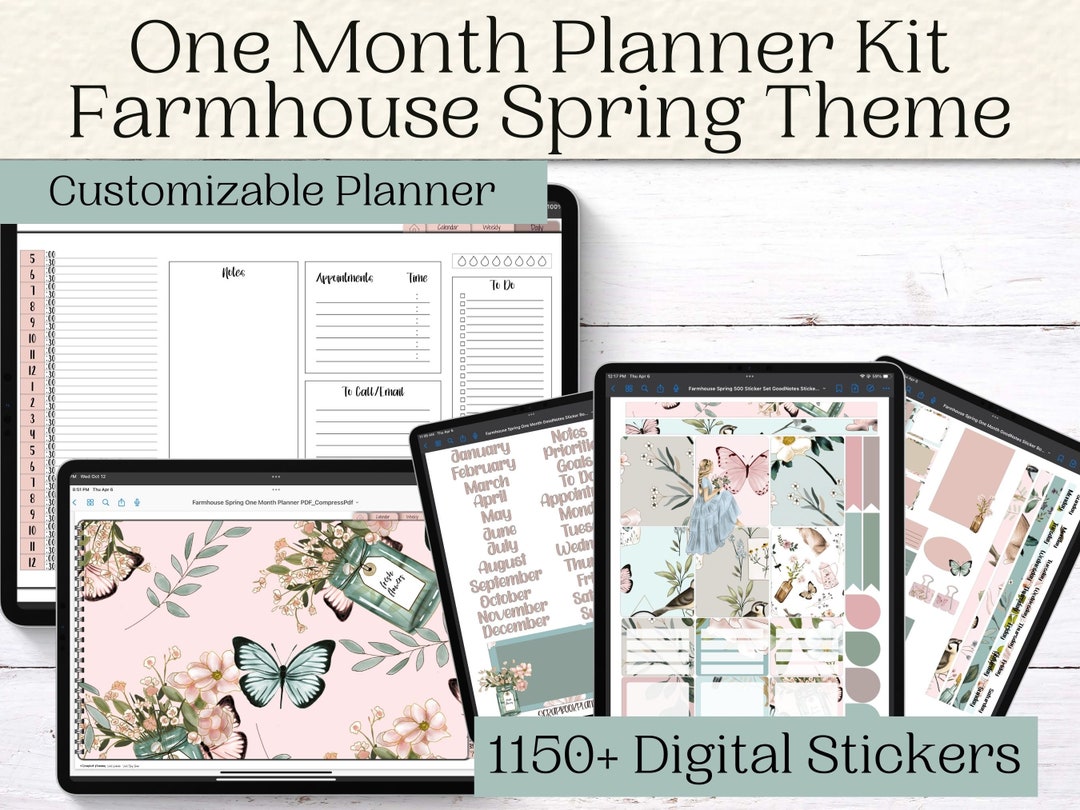Monthly Digital Planner Kit With Digital Stickers Farmhouse Spring