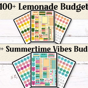 Lemonade and Summertime Vibes themed digital planner pages. Includes monthly budget stickers, calendars, bill tracking, and spending sections with seasonal icons.