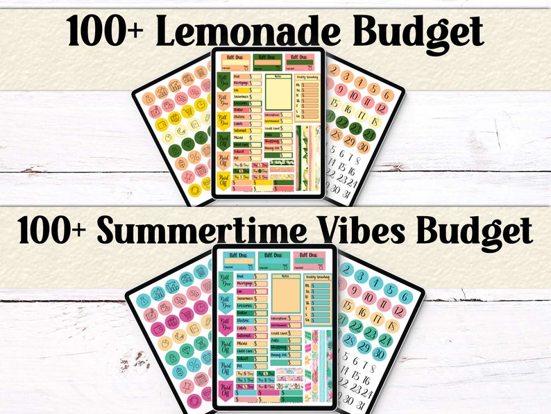 Lemonade and Summertime Vibes themed digital planner pages. Includes monthly budget stickers, calendars, bill tracking, and spending sections with seasonal icons.