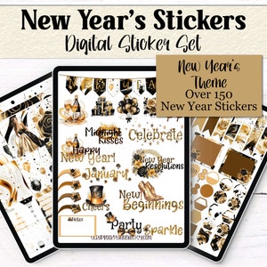 Puede incluir: Un conjunto de pegatinas digitales con más de 150 pegatinas con temática de Año Nuevo. Las pegatinas son de color dorado y negro e incluyen frases como "Midnight Kisses", "Happy New Year!" y "New Beginnings".
