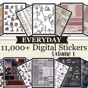 May include: A digital sticker pack with over 11,000 stickers in various themes, including yoga, fitness, and space. The stickers are in a variety of colors and styles, and are perfect for adding a personal touch to planners, journals, and other digital projects.