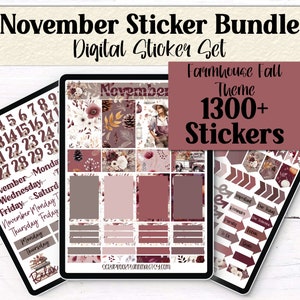May include: A digital sticker bundle with over 1300 farmhouse fall themed stickers. The stickers feature a variety of designs, including floral patterns, fall leaves, and pumpkins. The stickers are perfect for adding a touch of fall to your planner, journal, or scrapbook.