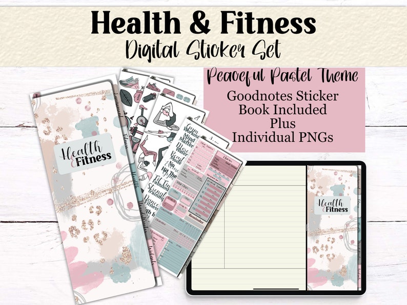 Peaceful Pastel Health and Fitness Stickers Digital Planner Stickers Goodnotes Elements Yoga Fitness Diet Widgets Icons PNGs image 1