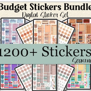 May include: A digital sticker set titled "Budget Stickers Bundle" with the text "Digital Sticker Set" and "1200+ Stickers Seasonal". The image displays several digital tablets with colorful budget-themed stickers, including icons and calendar layouts. The color palette includes shades of pink, brown, and blue.