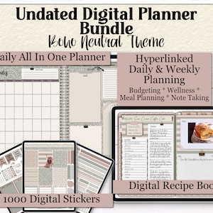 Boho Neutral Color Theme Bundle | Undated Digital Planner | Self Care Planner | Budget Planner | Menu Planner | Digital Stickers | GoodNotes