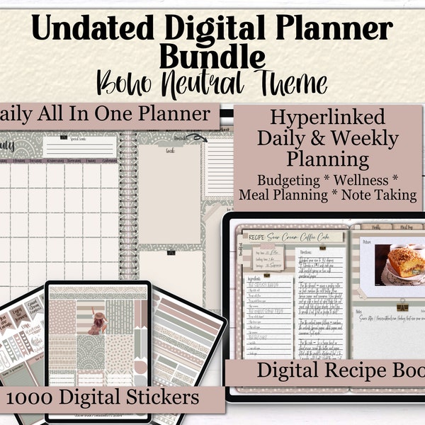 Boho Neutral Color Theme Bundle | Undated Digital Planner | Self Care Planner | Budget Planner | Menu Planner | Digital Stickers | GoodNotes