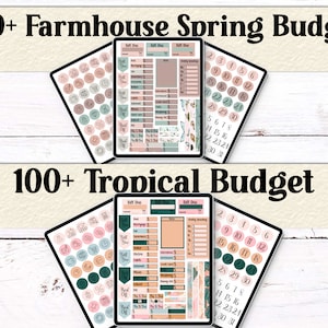 Farmhouse Spring and Tropical-themed budget planner stickers. Includes budget tracking, spending, and gift planner sections. Bright, floral aesthetic for seasonal use.